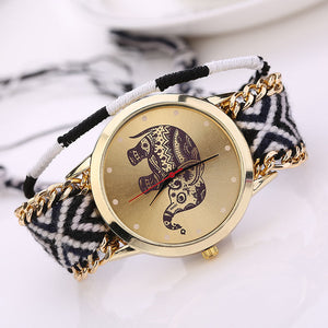 Women Girl Handmade Weaved Braided Elephant Bracelet Dial Quarzt Watch