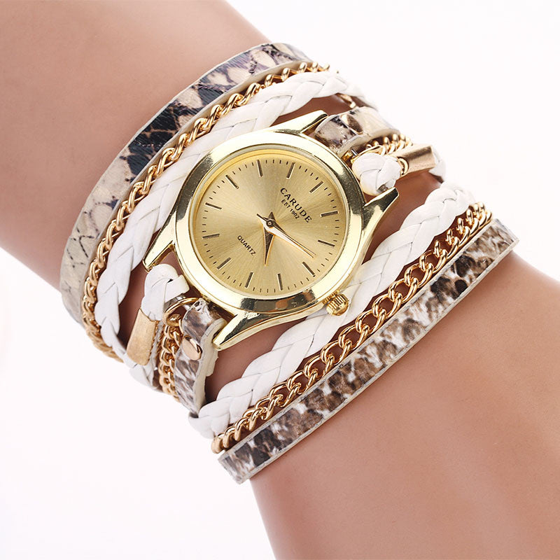 Women Leopard Band Bracelet Quartz Braided Winding Wrap WristWatch