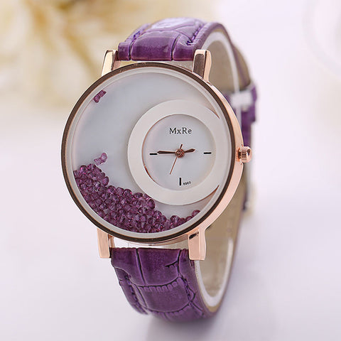 Woman Leather Quicksand Rhinestone Quartz Bracelet Wristwatch Watch