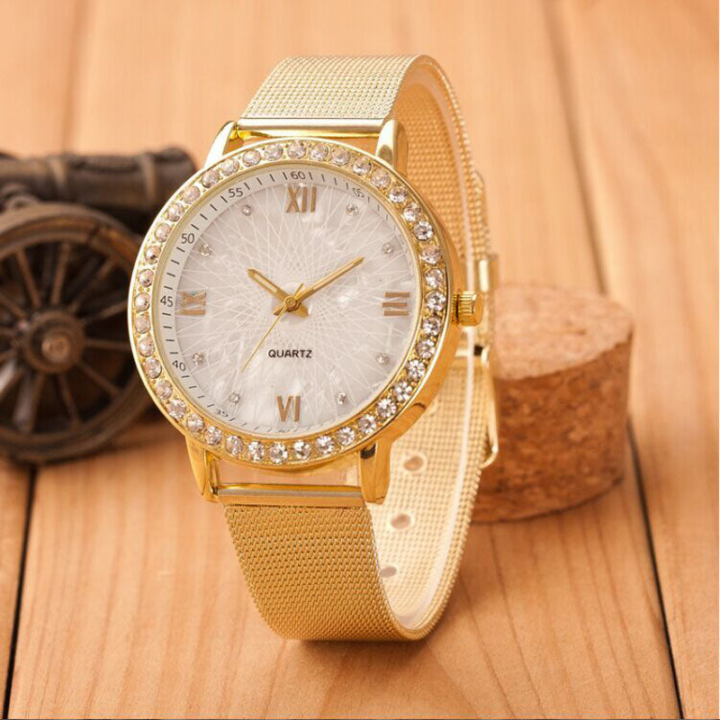 Classy Women Ladies Crystal Roman Numerals Gold Mesh Band Wrist Watch