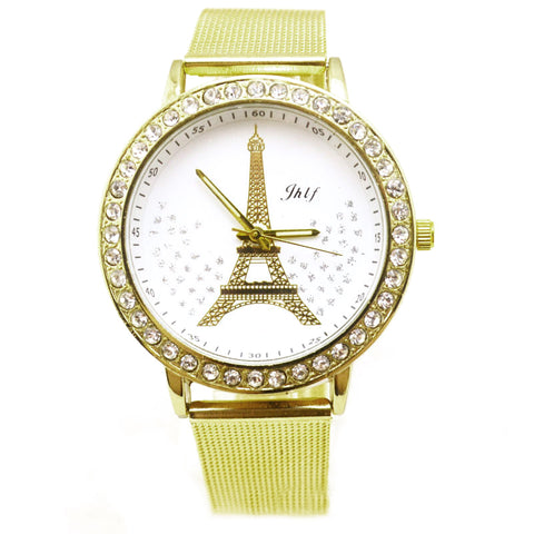 Women Ladies Crystal Tower Gold Stainless Steel Mesh Band Wrist Watch