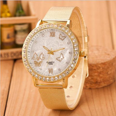 Women Ladies Crystal Butterfly Gold Stainless Steel Mesh Band Wrist Watch