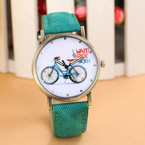 Fashion Women Denim Leather Strap Watches Bicycle Pattern