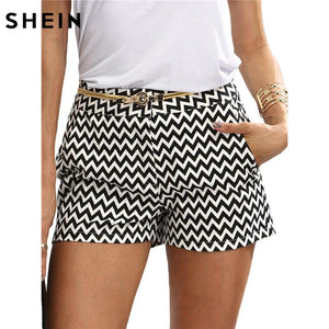 SHEIN Woman Shorts Summer New Arrival Black and White Mid Waist Button Fly Casual Pocket Cotton Straight Shorts