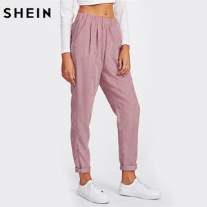 SHEIN Pink Faux Flap Pocket Back Cord Peg Pants Mid Waist Fall Womens Casual Pants Elastic Waist Loose Trousers