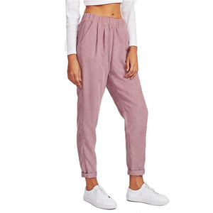 SHEIN Pink Faux Flap Pocket Back Cord Peg Pants Mid Waist Fall Womens Casual Pants Elastic Waist Loose Trousers