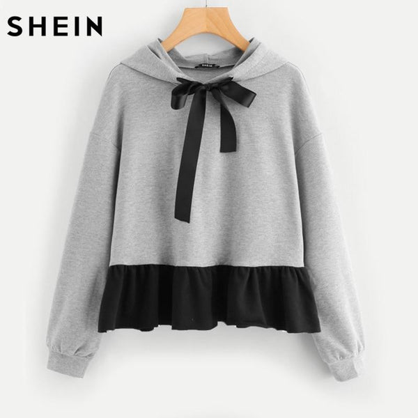 SHEIN Contrast Ruffle Hem Heather Knit Hoodie Grey Long Sleeve Pullovers Color Block Women Hoodies Sweatshirts