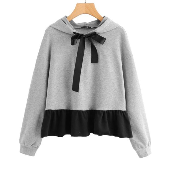 SHEIN Contrast Ruffle Hem Heather Knit Hoodie Grey Long Sleeve Pullovers Color Block Women Hoodies Sweatshirts