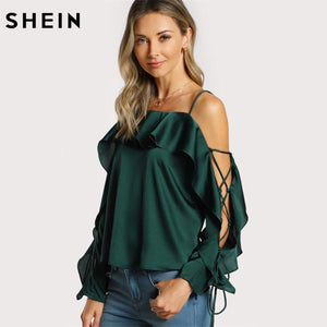 SHEIN Lace Up Silk Blouse Sleeve Flounce Top Woman Blouses 2017 Autumn Green Spaghetti Strap Ruffle Long Sleeve Party Blouse