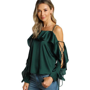 SHEIN Lace Up Silk Blouse Sleeve Flounce Top Woman Blouses 2017 Autumn Green Spaghetti Strap Ruffle Long Sleeve Party Blouse