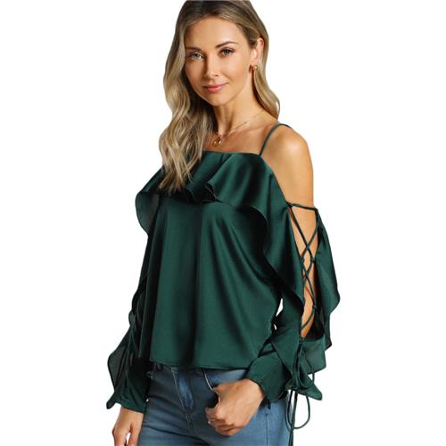 SHEIN Lace Up Silk Blouse Sleeve Flounce Top Woman Blouses 2017 Autumn Green Spaghetti Strap Ruffle Long Sleeve Party Blouse