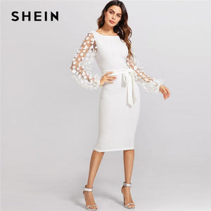 SHEIN Flower Applique Mesh Sleeve Dress White Boat Neck Lantern Sleeve Belted Plain Dress Women Elegant Party Slim Dress