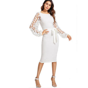 SHEIN Flower Applique Mesh Sleeve Dress White Boat Neck Lantern Sleeve Belted Plain Dress Women Elegant Party Slim Dress