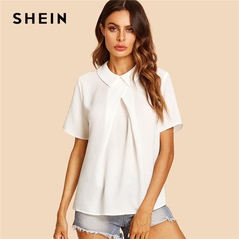 SHEIN White Overlap Fold Plain Top Women Peter Pan Collar Short Sleeve Button Soild Blouse 2018 Summer Weekend Casual Blouse