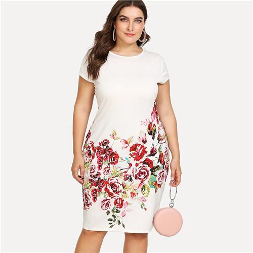 SHEIN Floral Print Pencil Dress 2018 Summer Round Neck Short Cap Sleeve Dress Women White Plus Size Elegant Dress