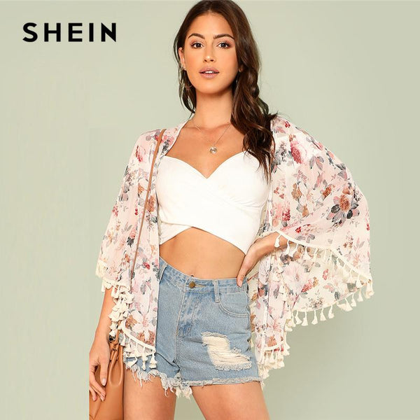 SHEIN Flower Print Tassel Hem Kimono 2018 Summer Three Quarter Length Sleeve Floral Print Top Women Fringe Vacation Beach Kimono