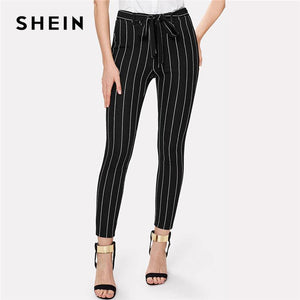 SHEIN Office Vertical Striped Skinny Pants Women Elastic Waist Belted Bow Tapered Trousers Spring New Elegant Workwear Pants