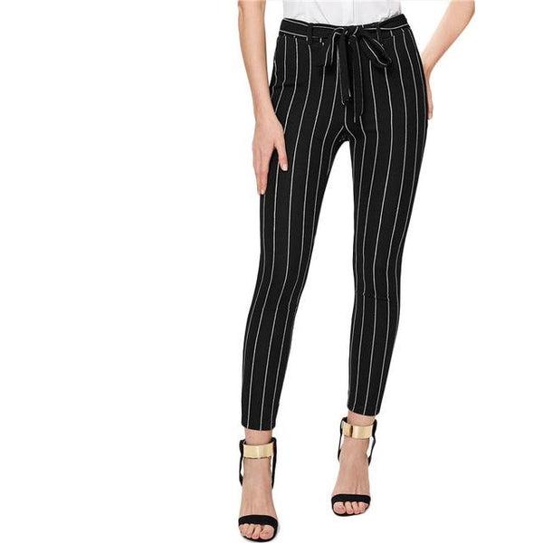 SHEIN Office Vertical Striped Skinny Pants Women Elastic Waist Belted Bow Tapered Trousers Spring New Elegant Workwear Pants