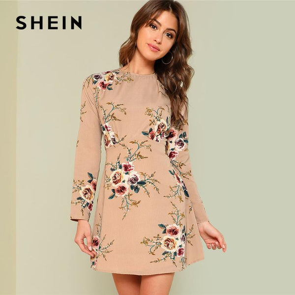 SHEIN Flower Print Pleated Fit & Flare Dress 2018 Summer Round Neck Long Sleeve Pleated Casual Dress Women Floral Elegant Dress