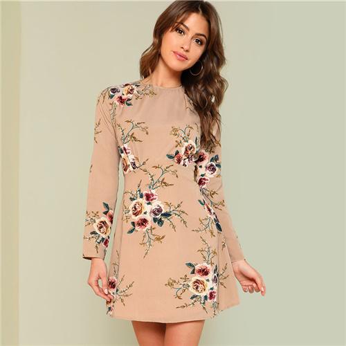 SHEIN Flower Print Pleated Fit & Flare Dress 2018 Summer Round Neck Long Sleeve Pleated Casual Dress Women Floral Elegant Dress