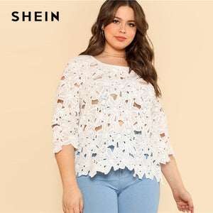 SHEIN Cut Out Floral Lace Top 2018 Summer Round Neck Three Quarter Length Sleeve Lace Plus Size Blouse Women Vacation Solid Top