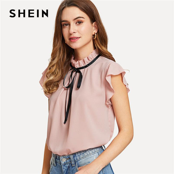 SHEIN Bow Tied Frilled Neck Button Back Blouse 2018 Summer Stand Collar Cap Sleeve Ruffle Youthful Shirt Girl Preppy Blouse