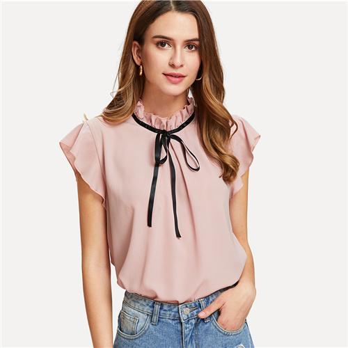 SHEIN Bow Tied Frilled Neck Button Back Blouse 2018 Summer Stand Collar Cap Sleeve Ruffle Youthful Shirt Girl Preppy Blouse