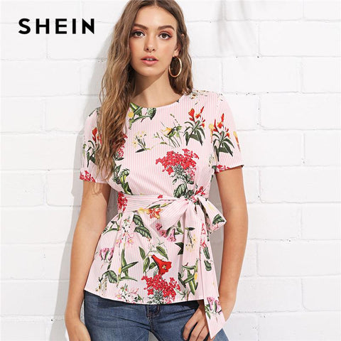 SHEIN Multicolor Vacation Bohemian Beach Floral Print Striped Round Neck Short Sleeve Self Tie Blouse Summer Women Shirt Top