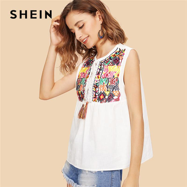 SHEIN Beige Vacation Boho Bohemian Beach Round Neck Sleeveless Tassel Tie Geometric Embroidered Blouse Summer Women Shirt Top