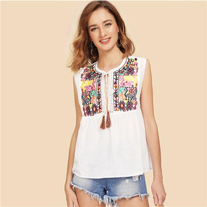 SHEIN Beige Vacation Boho Bohemian Beach Round Neck Sleeveless Tassel Tie Geometric Embroidered Blouse Summer Women Shirt Top