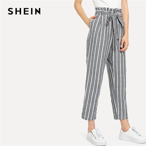 SHEIN Grey Vacation Boho Bohemian Beach Self Belted Striped Tapered High Waist Pants Summer Women Weekend Casual Carrot Trousers