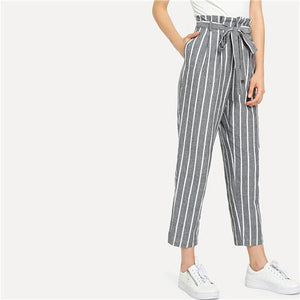 SHEIN Grey Vacation Boho Bohemian Beach Self Belted Striped Tapered High Waist Pants Summer Women Weekend Casual Carrot Trousers