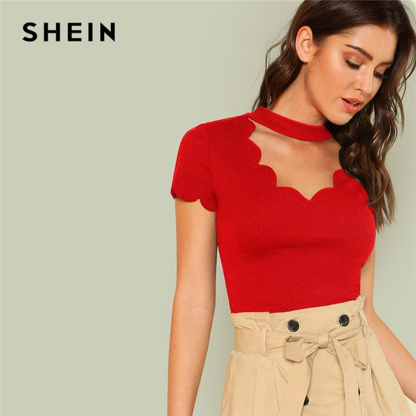 SHEIN Red Elegant Mock Neck Scallop Trim Cut Out V Neck Short Sleeve Tee Summer Women  Weekend Casual T-shirt Top