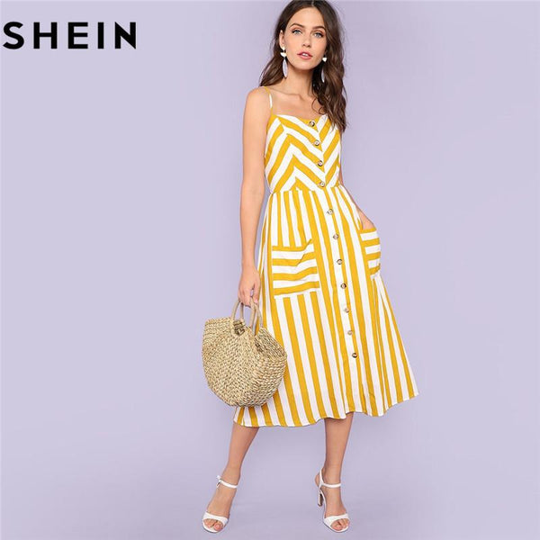 SHEIN Striped Spaghetti Strap High Waist Mid-Calf Dresses Women 2018 Summer Vacation Beach Button Up Pockets Front Cami Dress