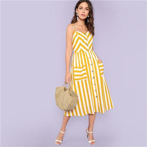 SHEIN Striped Spaghetti Strap High Waist Mid-Calf Dresses Women 2018 Summer Vacation Beach Button Up Pockets Front Cami Dress