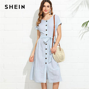 SHEIN Blue Vacation Boho Bohemian Beach Button Through Pinstripe Belted Round Neck Short Sleeve Dress Summer Women Casual Dress