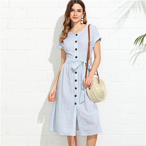 SHEIN Blue Vacation Boho Bohemian Beach Button Through Pinstripe Belted Round Neck Short Sleeve Dress Summer Women Casual Dress