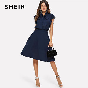 SHEIN Tie Neck Flutter Sleeve Top & Skirt Set Navy Stand Collar Cap Sleeve Ruffle Workwear 2 Set Women Summer Elegant Twopieces