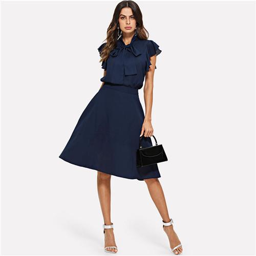 SHEIN Tie Neck Flutter Sleeve Top & Skirt Set Navy Stand Collar Cap Sleeve Ruffle Workwear 2 Set Women Summer Elegant Twopieces