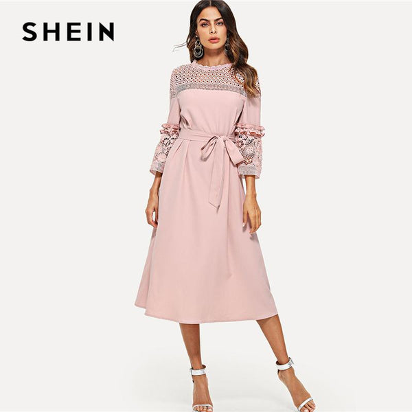 SHEIN Lace Yoke and Sleeve Pearl Beading Belted Dress Pink 3/4 Sleeve Ruffle Straight Tunic Dresses Women Autumn Elegant Dress