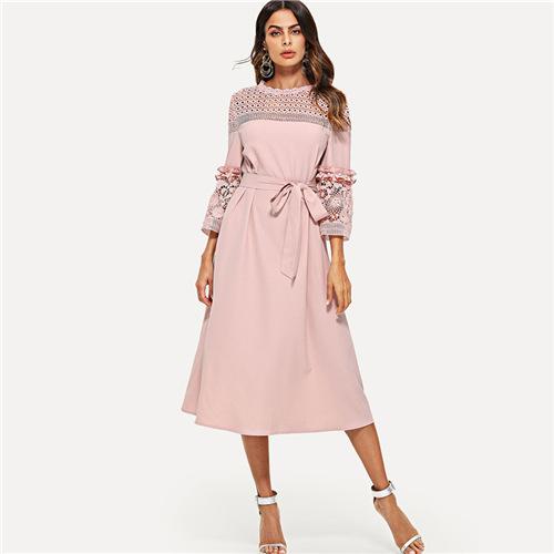 SHEIN Lace Yoke and Sleeve Pearl Beading Belted Dress Pink 3/4 Sleeve Ruffle Straight Tunic Dresses Women Autumn Elegant Dress