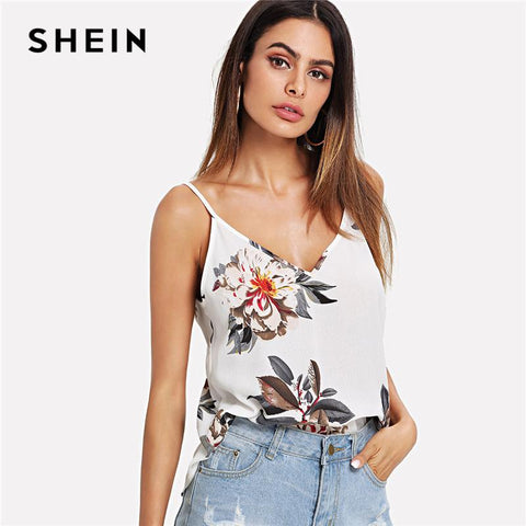 SHEIN Beige Vacation Sexy Backless Boho Bohemian Beach Double V-Neck Floral Print Cami Top Summer Women Casual Vest