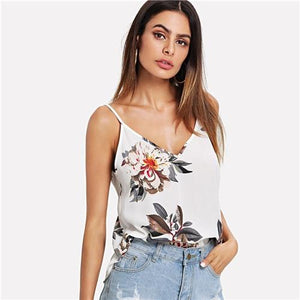 SHEIN Beige Vacation Sexy Backless Boho Bohemian Beach Double V-Neck Floral Print Cami Top Summer Women Casual Vest