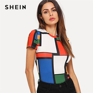 SHEIN Geometric Print Color Block Top Multicolor Short Sleeve Round Neck Tee Women Raglan Sleeve Slim Fit Pullovers T-shirt