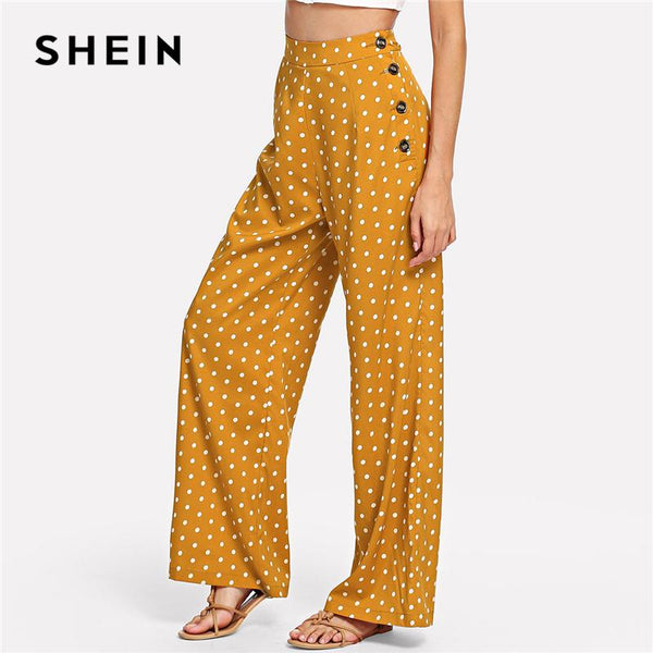 SHEIN Ginger Polka Dot Side Button Wide Leg Pants Casual High Waist Button Fly Trousers Women Long Pants For Summer Autumn