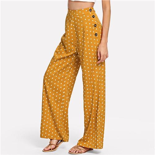 SHEIN Ginger Polka Dot Side Button Wide Leg Pants Casual High Waist Button Fly Trousers Women Long Pants For Summer Autumn