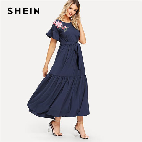 SHEIN Navy Floral Embroidered Applique Self Belted Dress Elegant Ruffle Hem Knot Long Dress Women Summer A Line Dresses