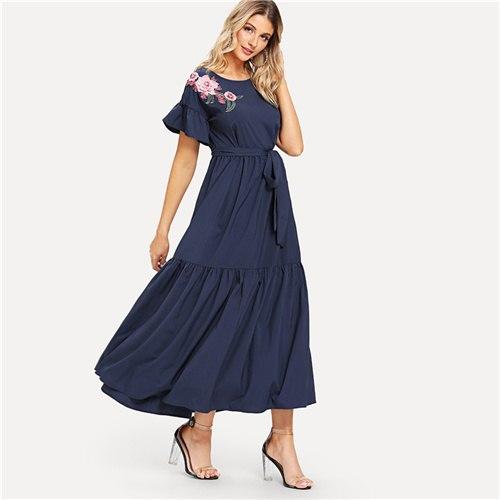 SHEIN Navy Floral Embroidered Applique Self Belted Dress Elegant Ruffle Hem Knot Long Dress Women Summer A Line Dresses