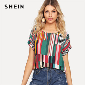 SHEIN Multicolor Mix Striped Print Rolled Up Tee Casual Scoop Neck Colorblock T-Shirt Women Summer Short Sleeve Tops