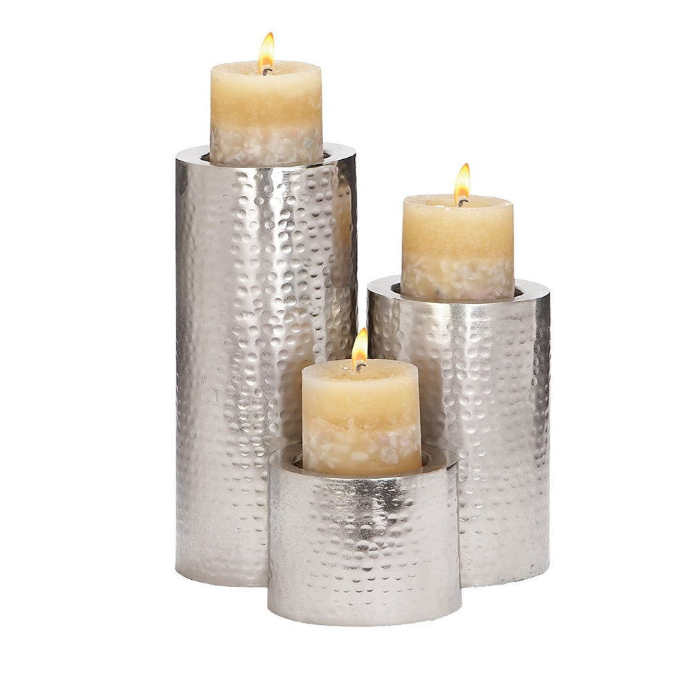 Benzara Old Style Antiqued Metal finish Candleholder, Set of 3, Silver